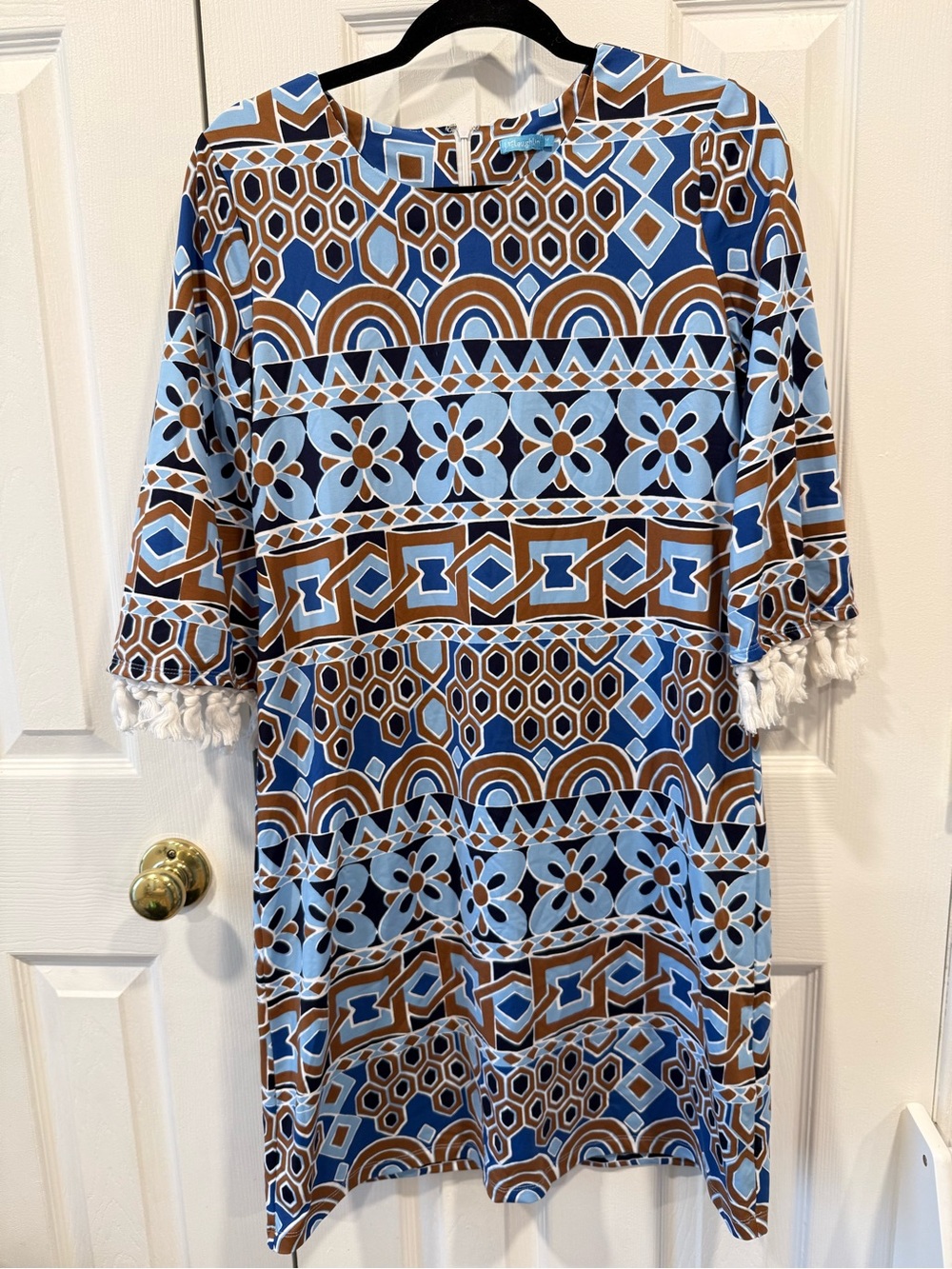 J. McLaughlin Blue and Brown Geometric Midi Dress with Tassel Cuffs